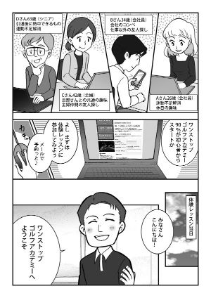 スクール紹介マンガ 1ページ目:4人がワンストップゴルフの体験レッスンを申し込み、当日を迎える