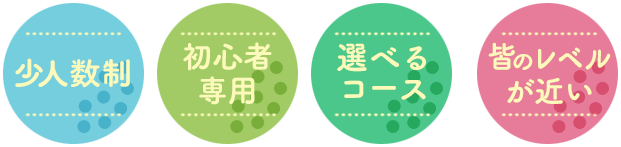 「少人数制」「初心者専用」「選べるコース」「皆のレベルが近い」